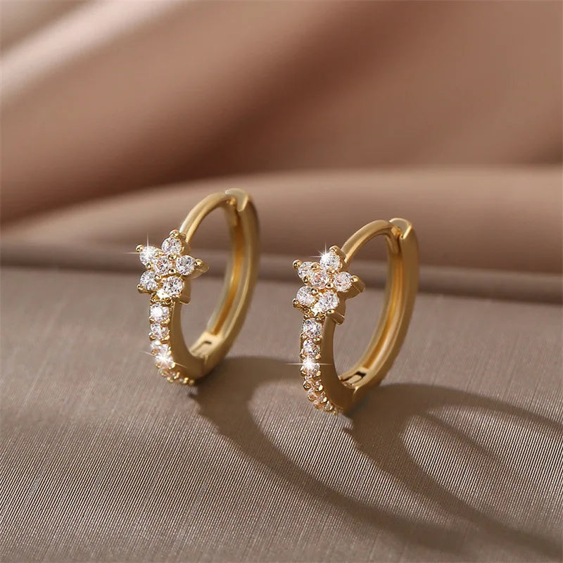 Non - Tarnish Stainless Steel Zircon Flower Hoops Earrings™
