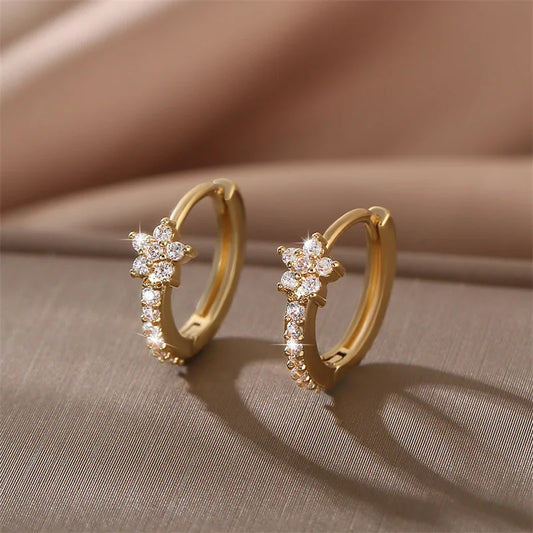 Non - Tarnish Stainless Steel Zircon Flower Hoops Earrings™